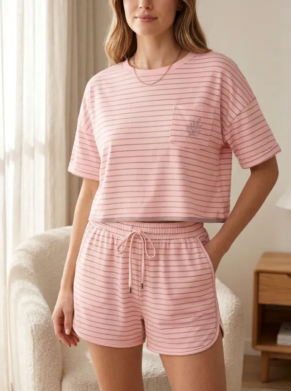 Women's Minimalist Botanical Striped Printed Loungewear Set