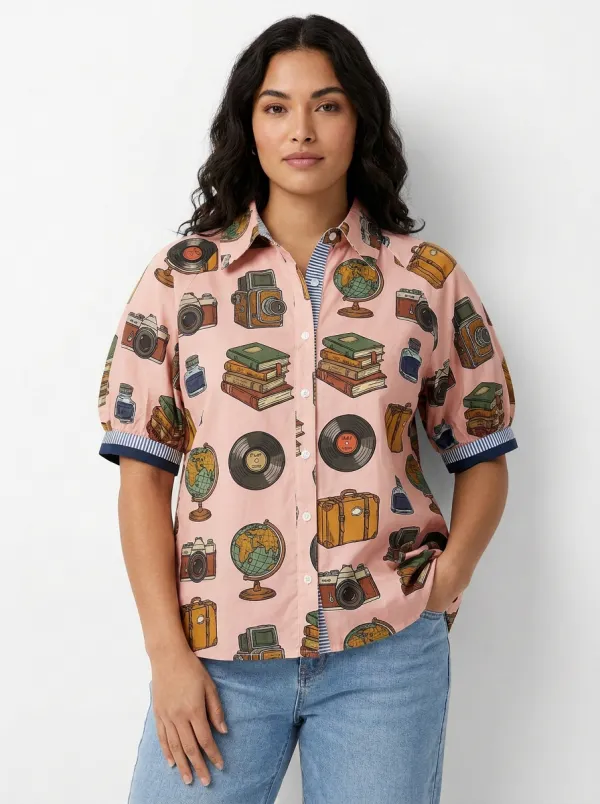 Women's Vintage Travel Hobby Camera Globe Book Graphic Shirt