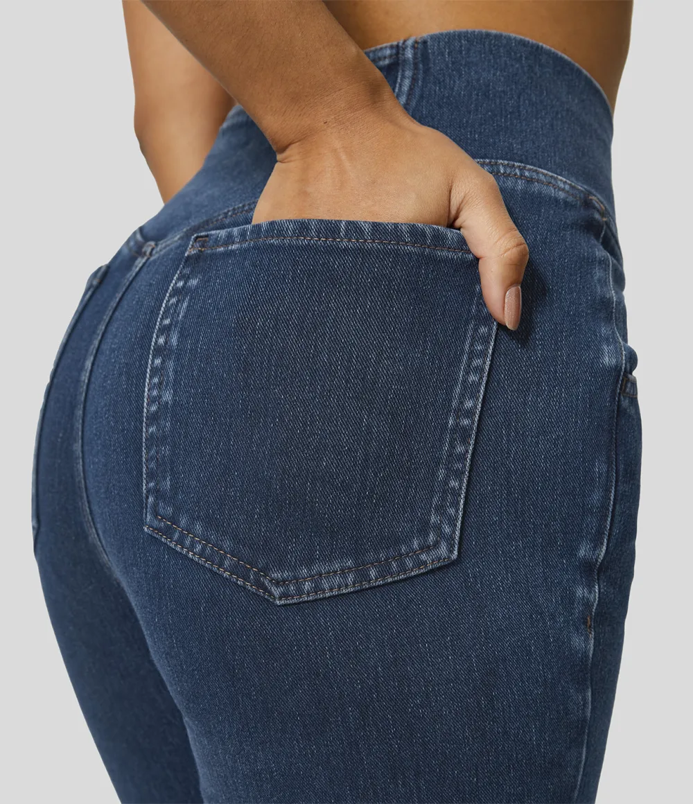 Magic High Waisted Crossover Pocket Washed Stretchy Knit Casual Super Flare Jeans