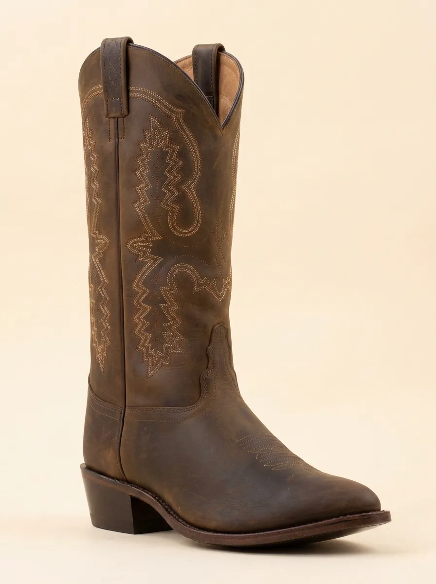Men's Western Cowboy Brown Leather Embroidered Printed Boots