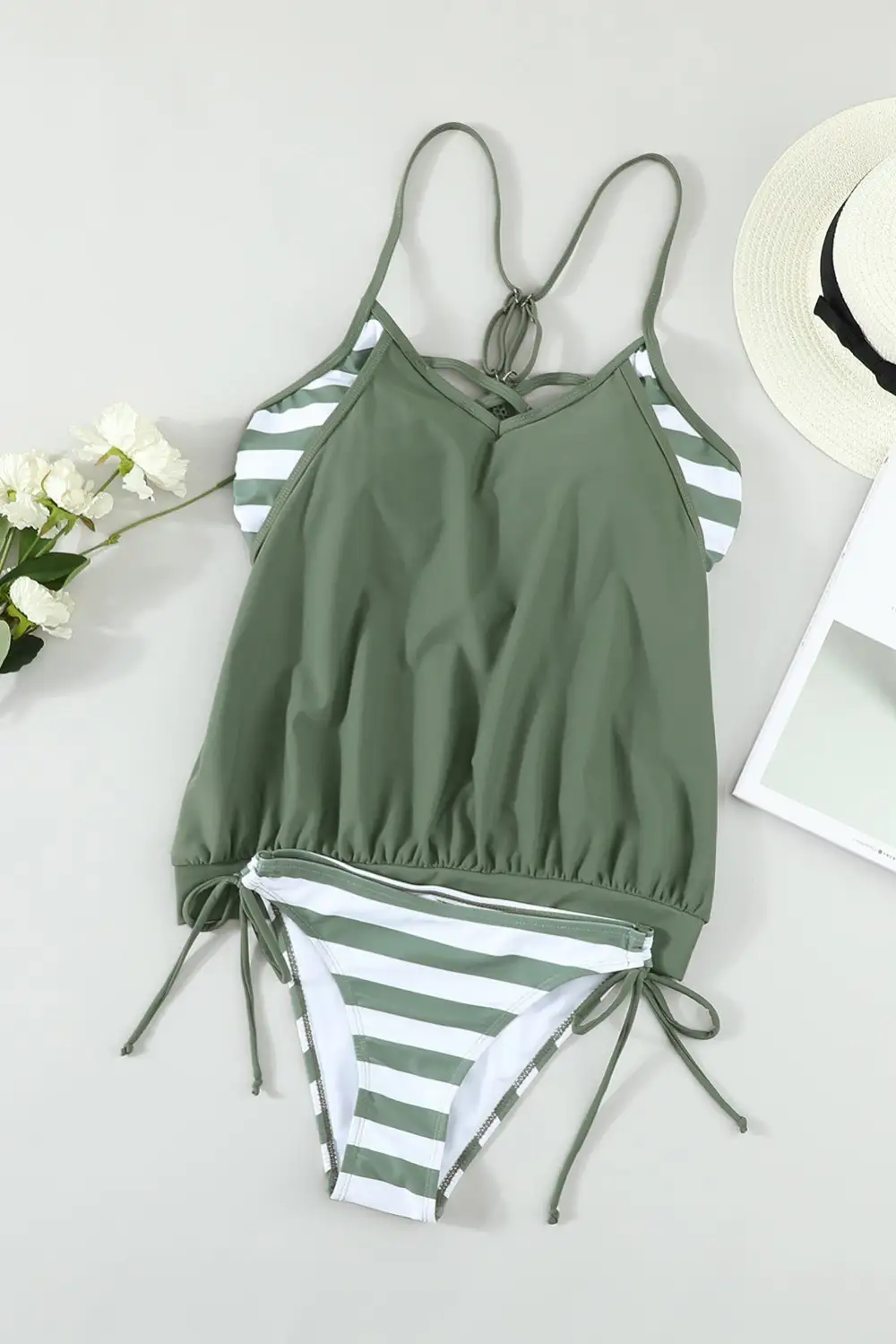 Swimwear Strappy Criss Cross Back Tankini Top with Bikini Bottom Bathing Suits