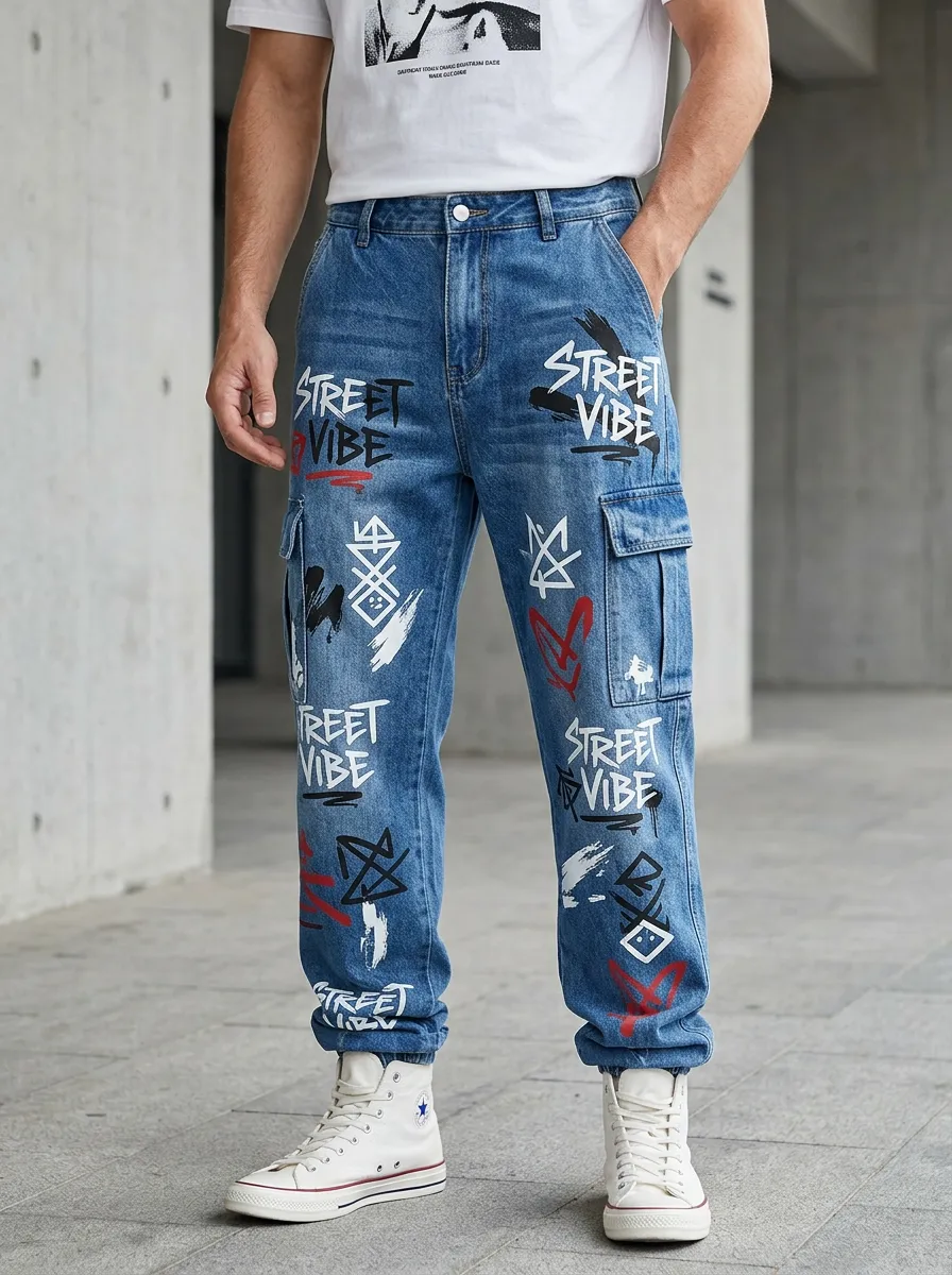 Unisex Streetwear Graffiti Cargo Jeans