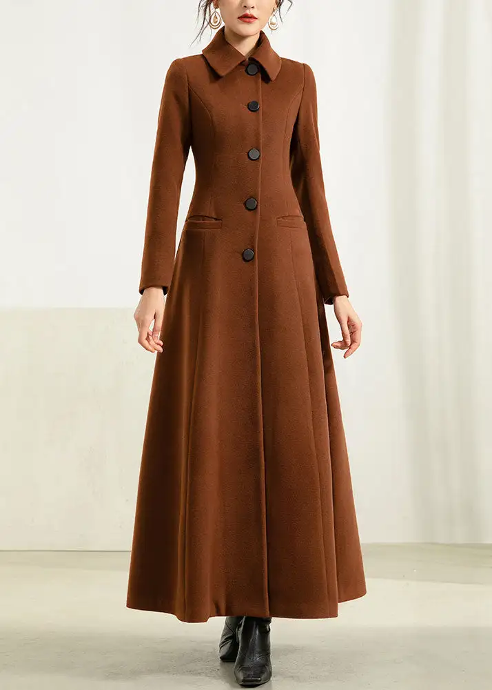 Refined Wool Blend Fit and Flare Single Breasted Pocketed Button Front Long Coat
