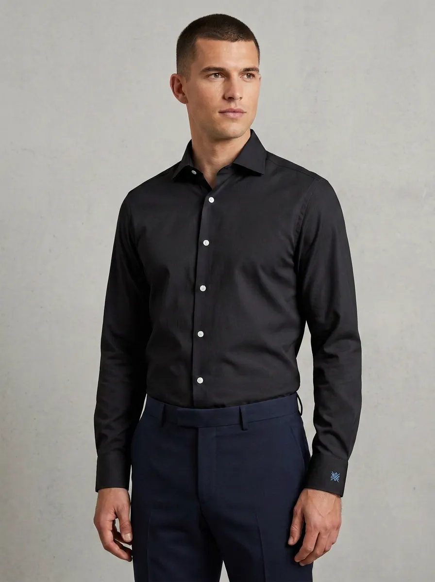 Men's Non-Iron Cotton Light Blue Embroidered Cuff Dress Shirt