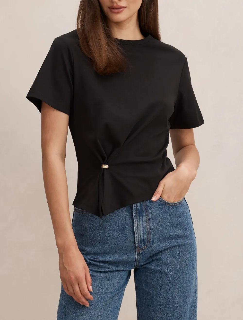 Black Twisted Waist Short Sleeve Form-Fitting Top