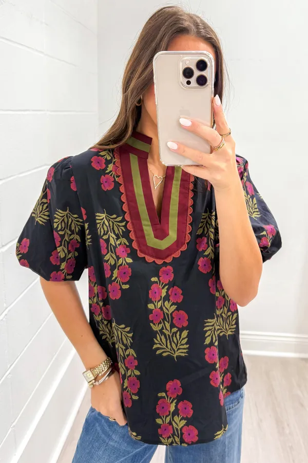 Black Floral Short Bubble Sleeve Blouse