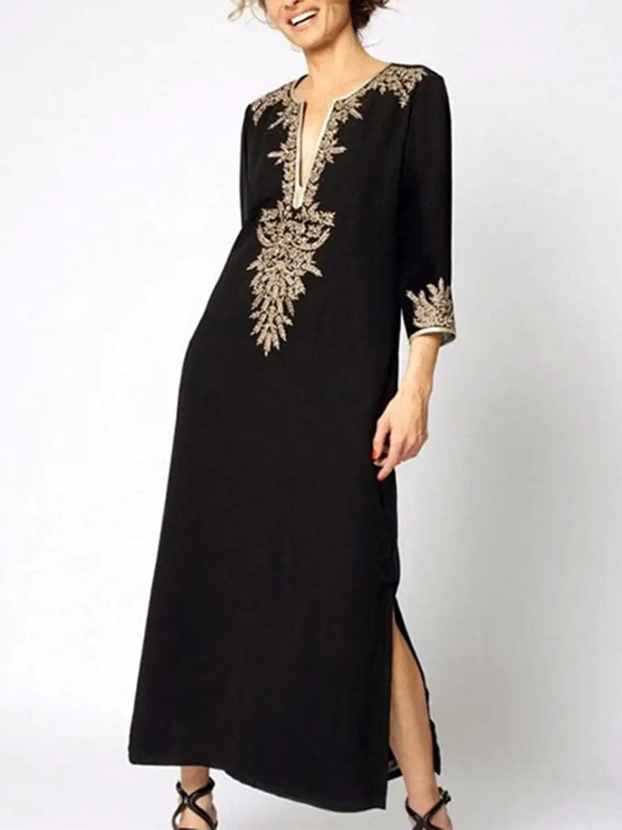 Three Printed Neck Maxi Dress