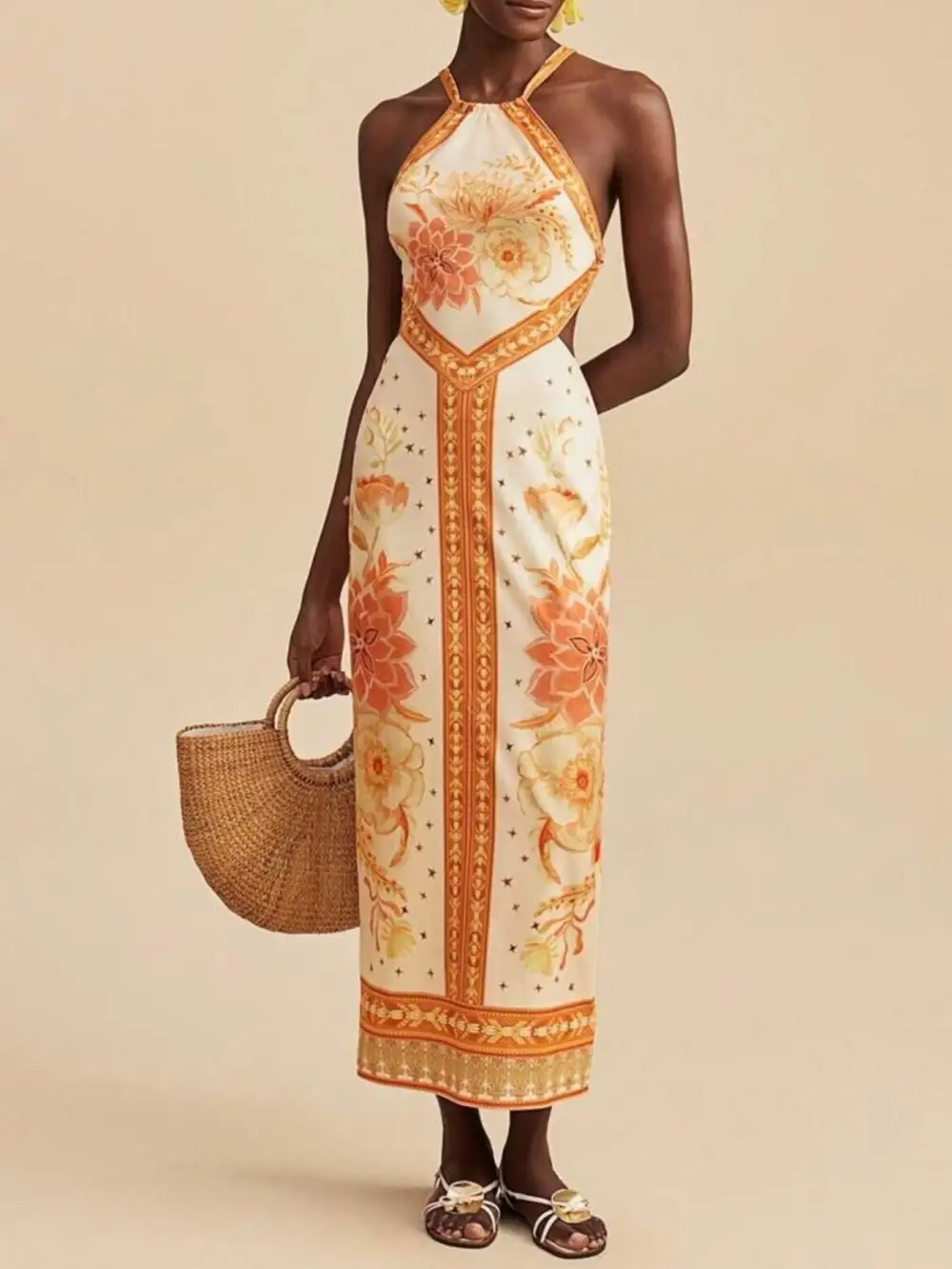 Classic Floral Print Halter Neck Maxi Dress