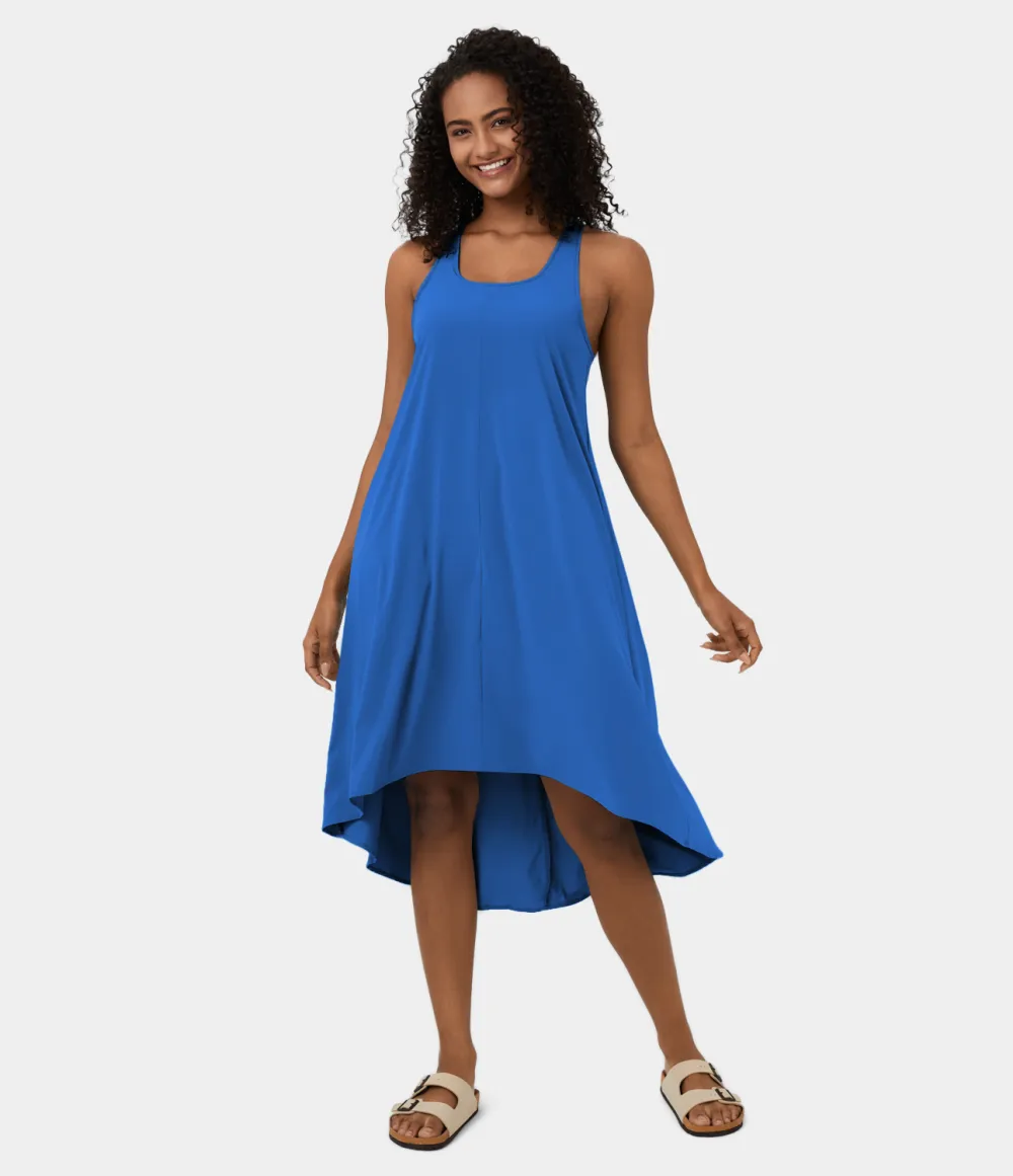 Breezeful Backless Racerback Side Pocket High Low Flowy Midi Quick Dry Casual Dress