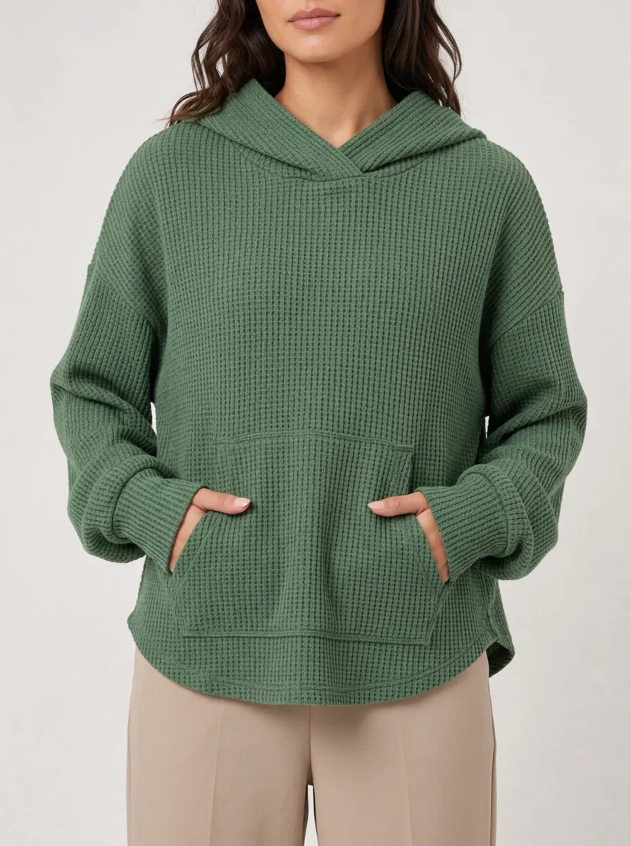 Women's Green Waffle Knit Hooded Pocket Top