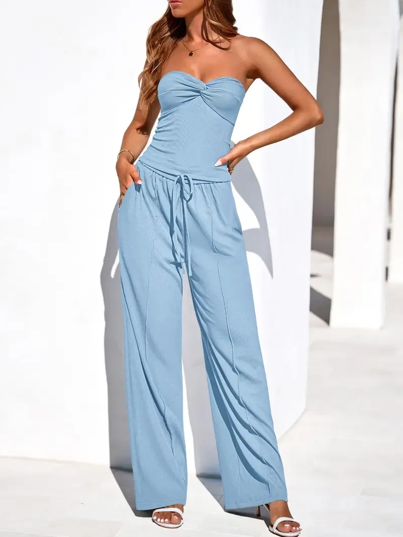 Ribbed Strapless Twist Knot Tube Top Pants Set