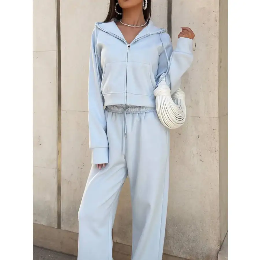 Zip Up Drawstring Hoodie and Pants Set
