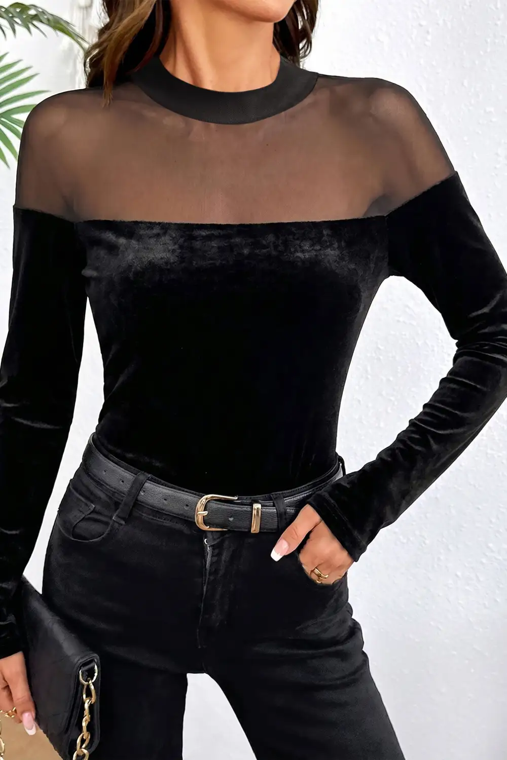 Patchwork Round Neck Velvet Stretch Fabric Long Sleeve Top