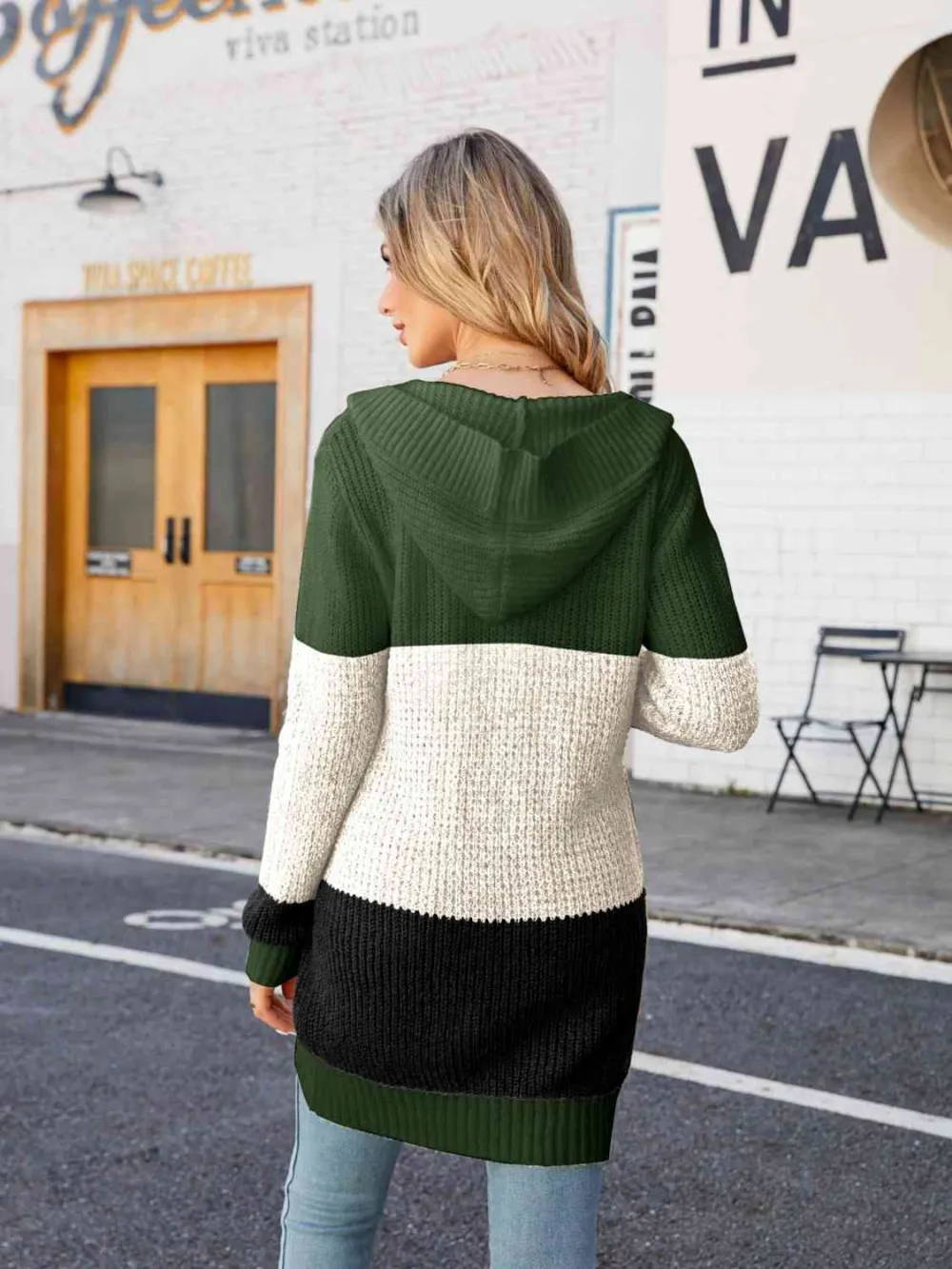 Open Front Hooded Color Block Cardigan