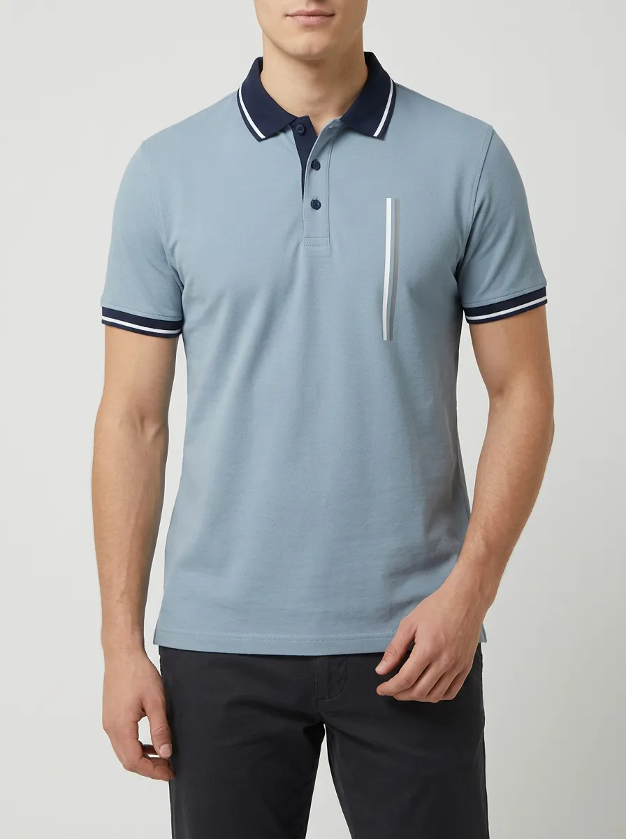 Men's Casual Striped Detail Contrast Collar Printed Polo Shirt