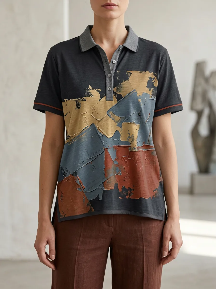 Women's Abstract Oil Painting Texture Printed Polo Shirt