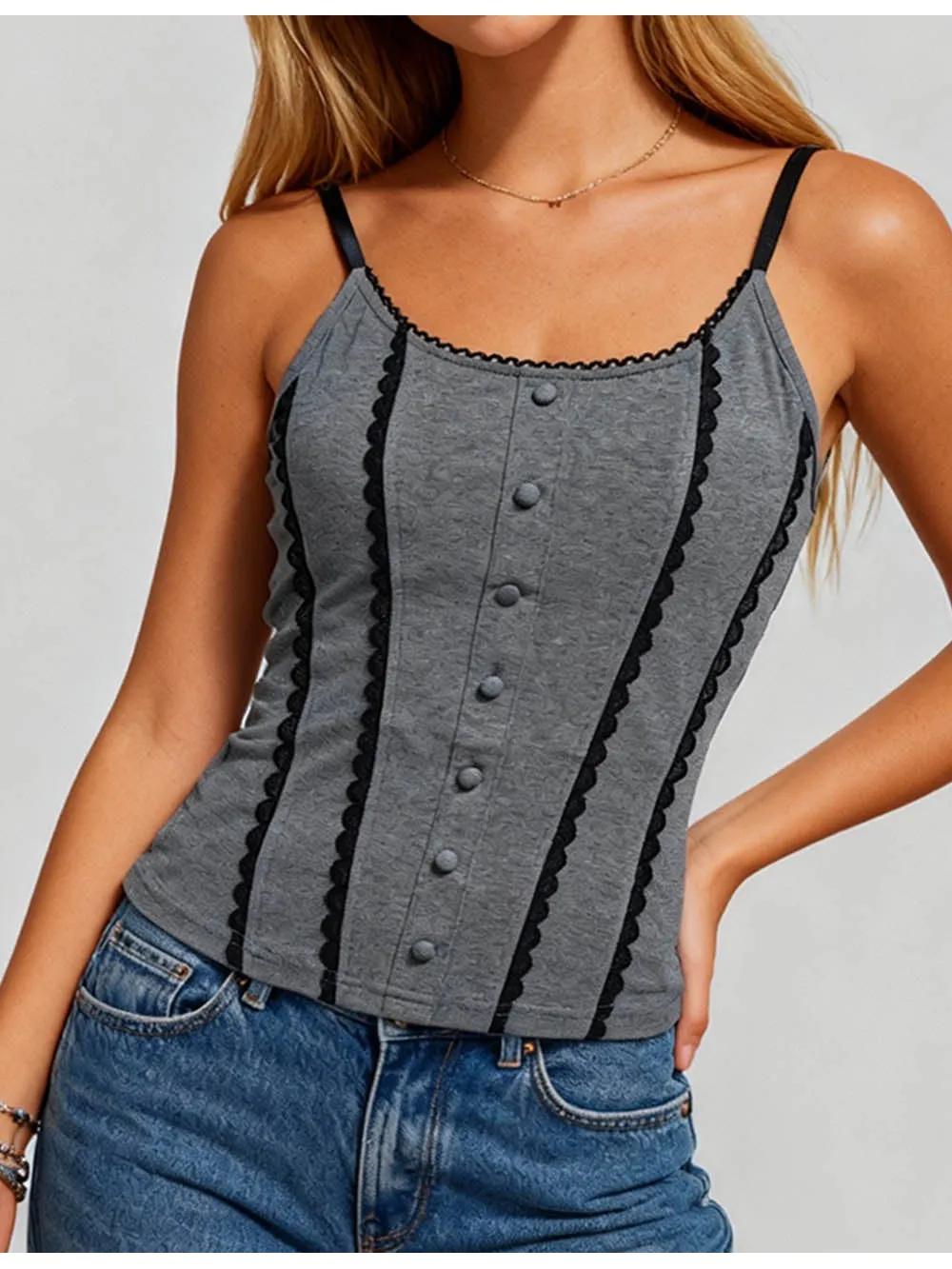 Contrast Trim Scoop Neck Faux Button Corset Cami Top