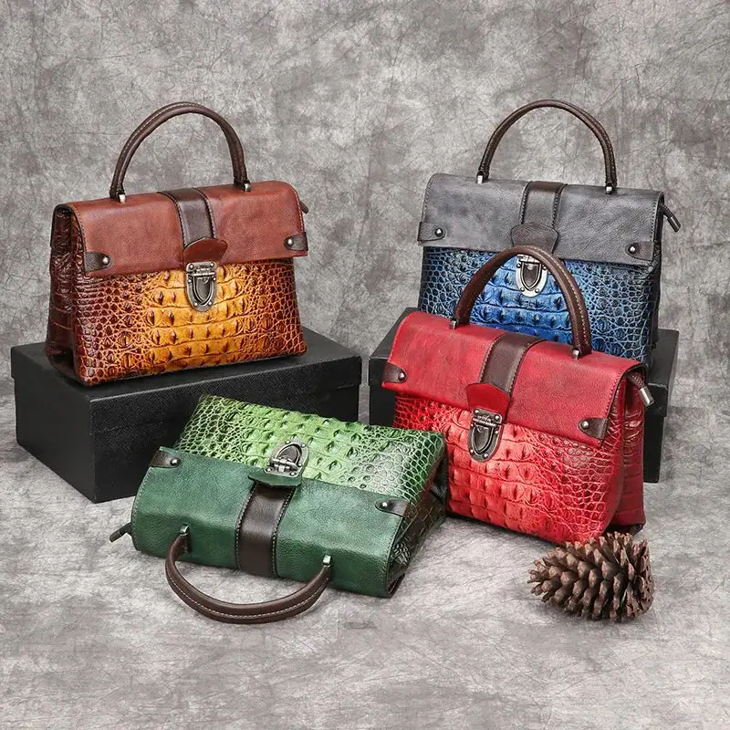 Vintage Accessory: Crocodile-Pattern Small Square Crossbody Bag