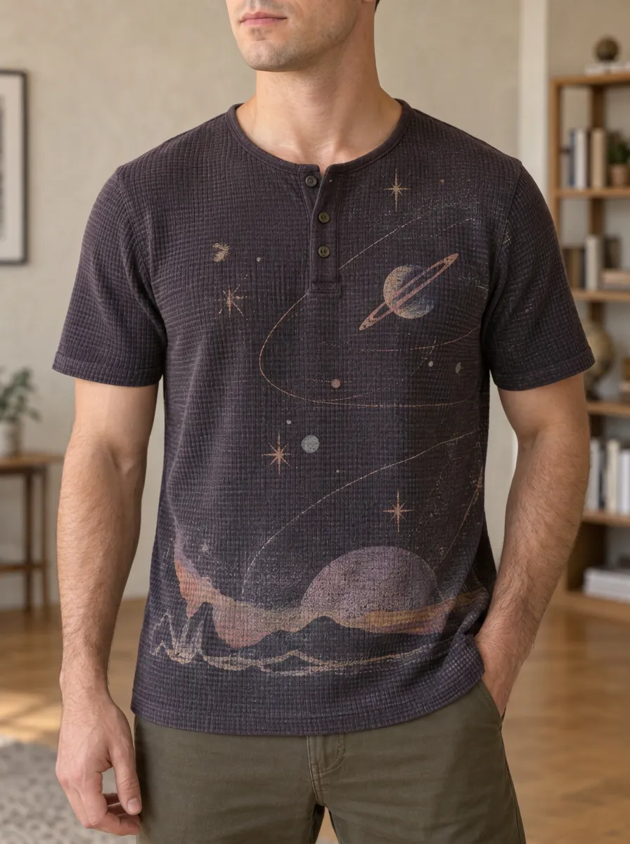 Men's Space Galaxy Planet Printed Waffle Henley T-Shirt