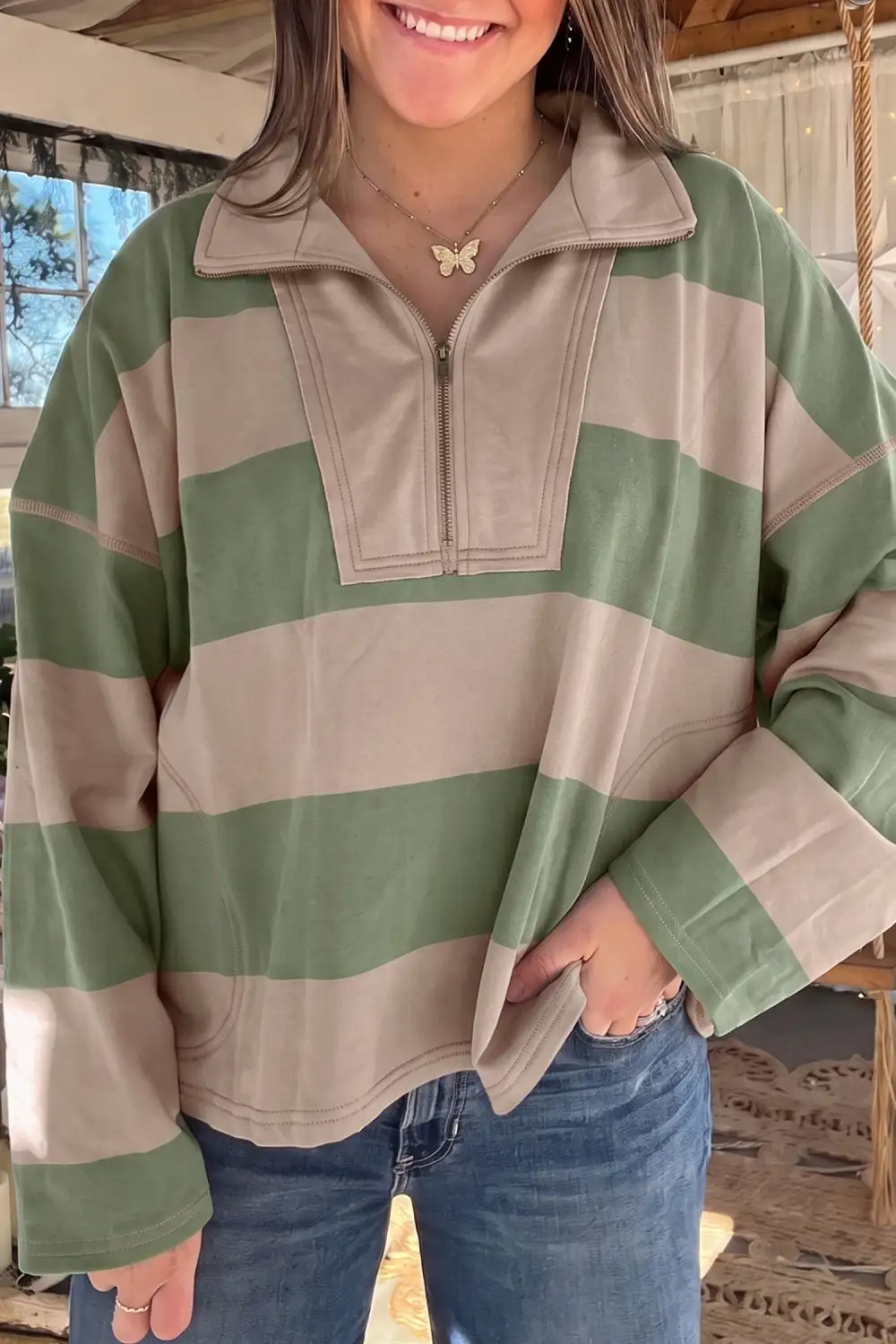 Classic Striped Ribbed Relaxed Stretch Fabric Long Sleeve Top