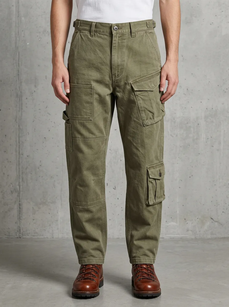 Men's Military Style Olive Green Multi-Pocket Matte Finish Cargo Pants