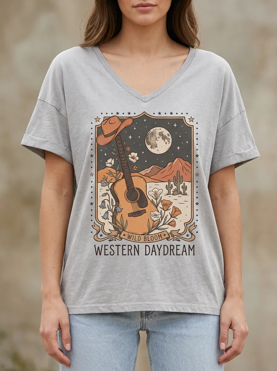 Cactus Guitar Western Women's V-Neck T-Shirt