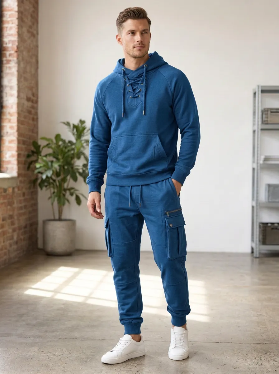 Core Lace-Up Multi Pocket Shape Men's Lace Up Hoodie And Cargo Jogger Set