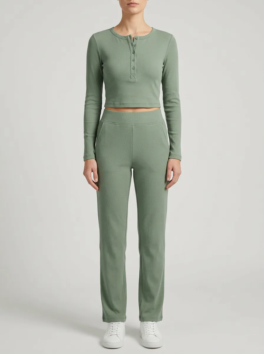 Women's Fine-Ribbed Henley Crop Top and Straight-Leg Pant Set