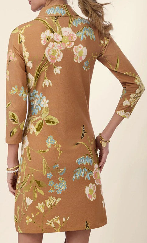 Brown Floral Print Half-Zip Tunic Dress