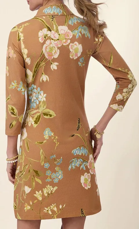 Brown Floral Print Half-Zip Tunic Dress