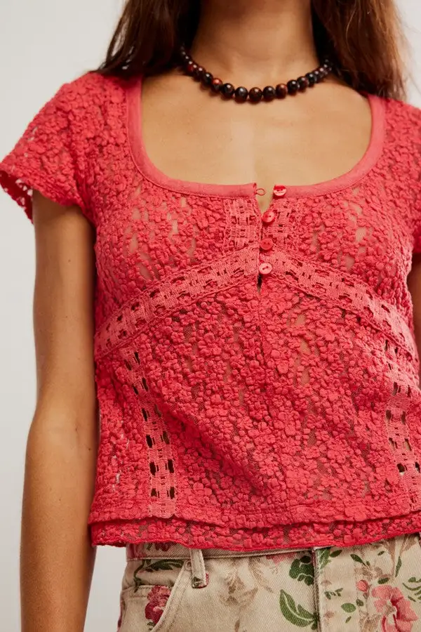 Red Floral Lace Square Neck Short Sleeve Top