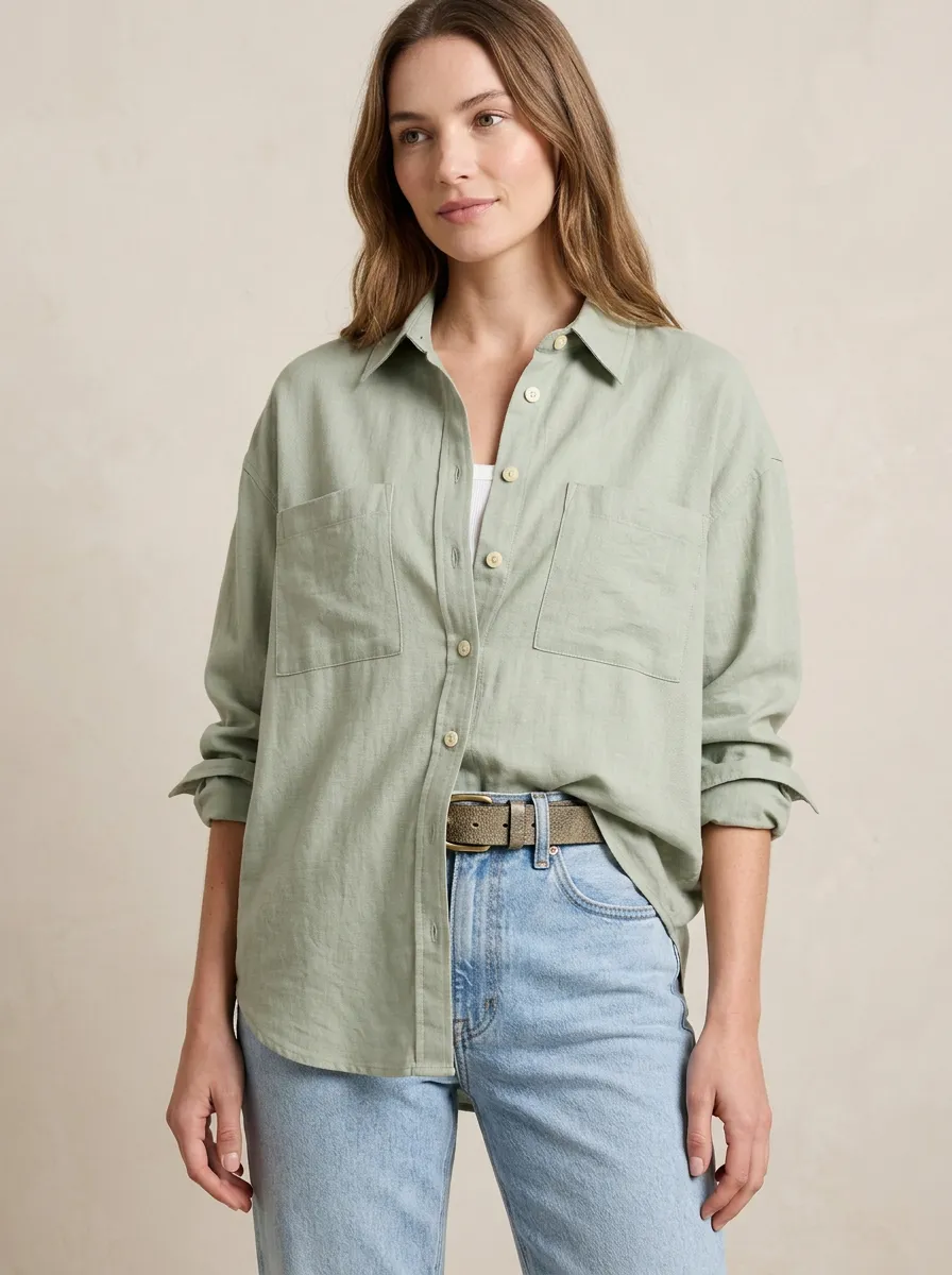 Women's Casual Sage Green Linen Blend Button Down Shirt