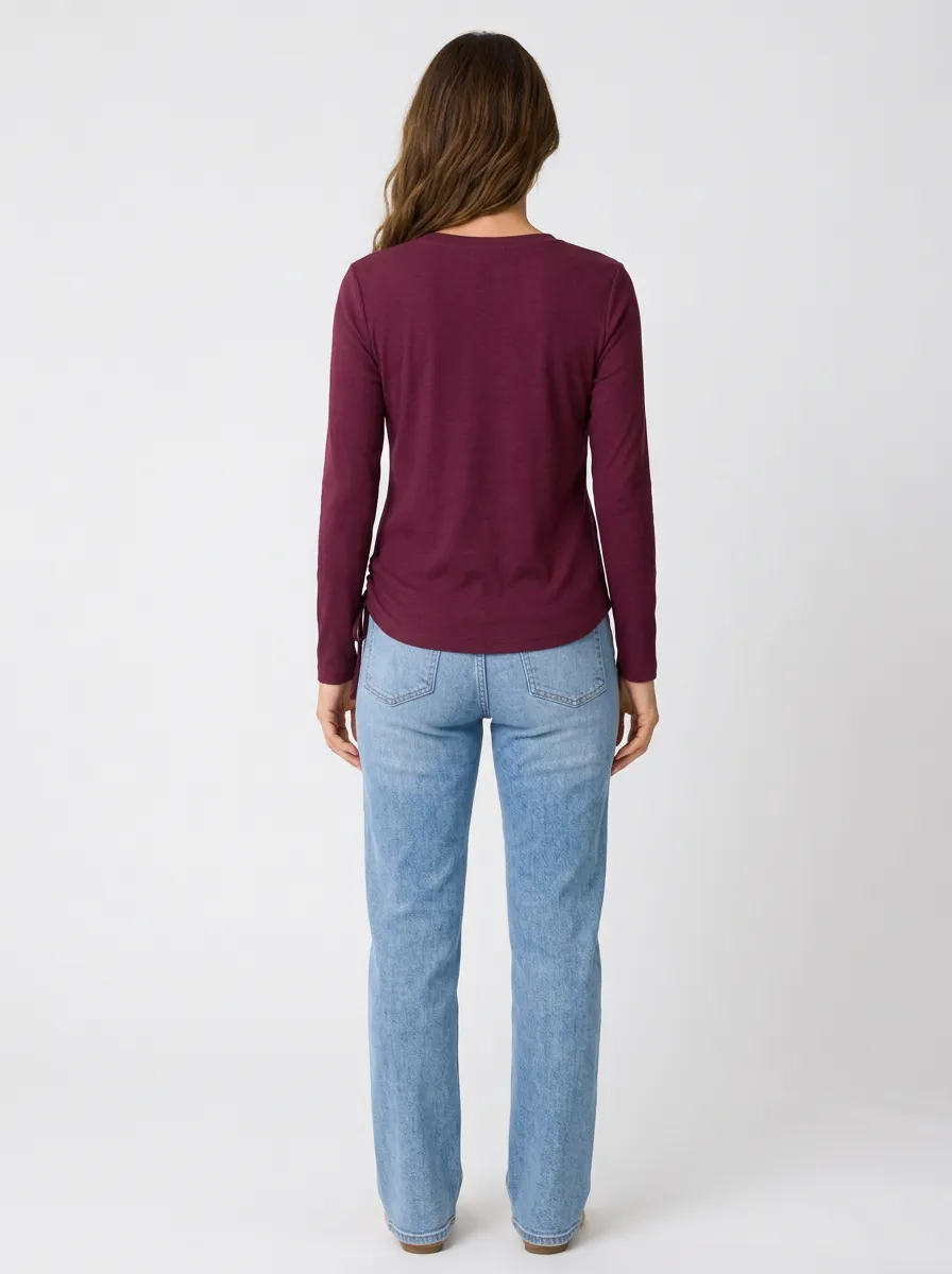 Women's Casual Burgundy Ribbed Side-Tie V-Neck Long Sleeve T-Shirt