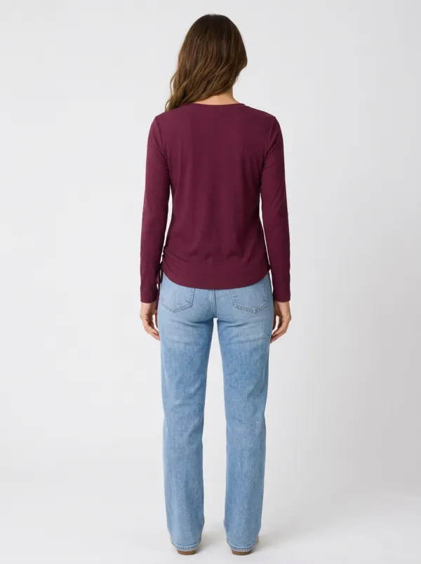 Women's Casual Burgundy Ribbed Side-Tie V-Neck Long Sleeve T-Shirt