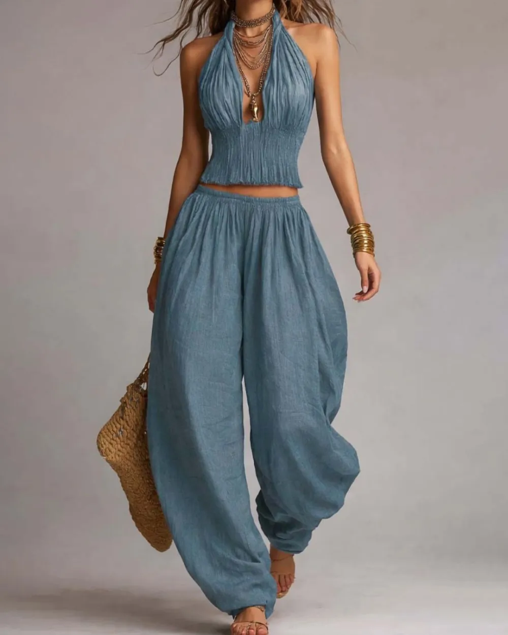 Casual Backless Craft Halter Closure Wide Leg Pants Set