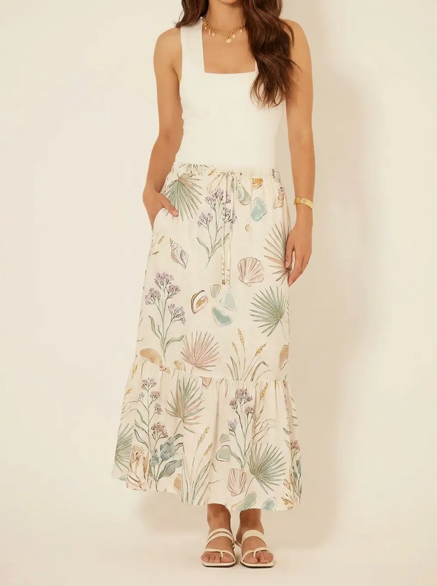 Women's Beach Vacation Tropical Seashell Printed Midi Skirt