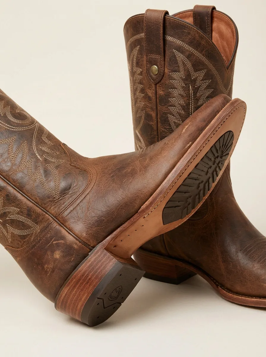 Men's Western Cowboy Embroidered Brown Leather Printed Boots