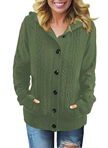 Women Hooded Knit Cardigans Button Cable Sweater Coat