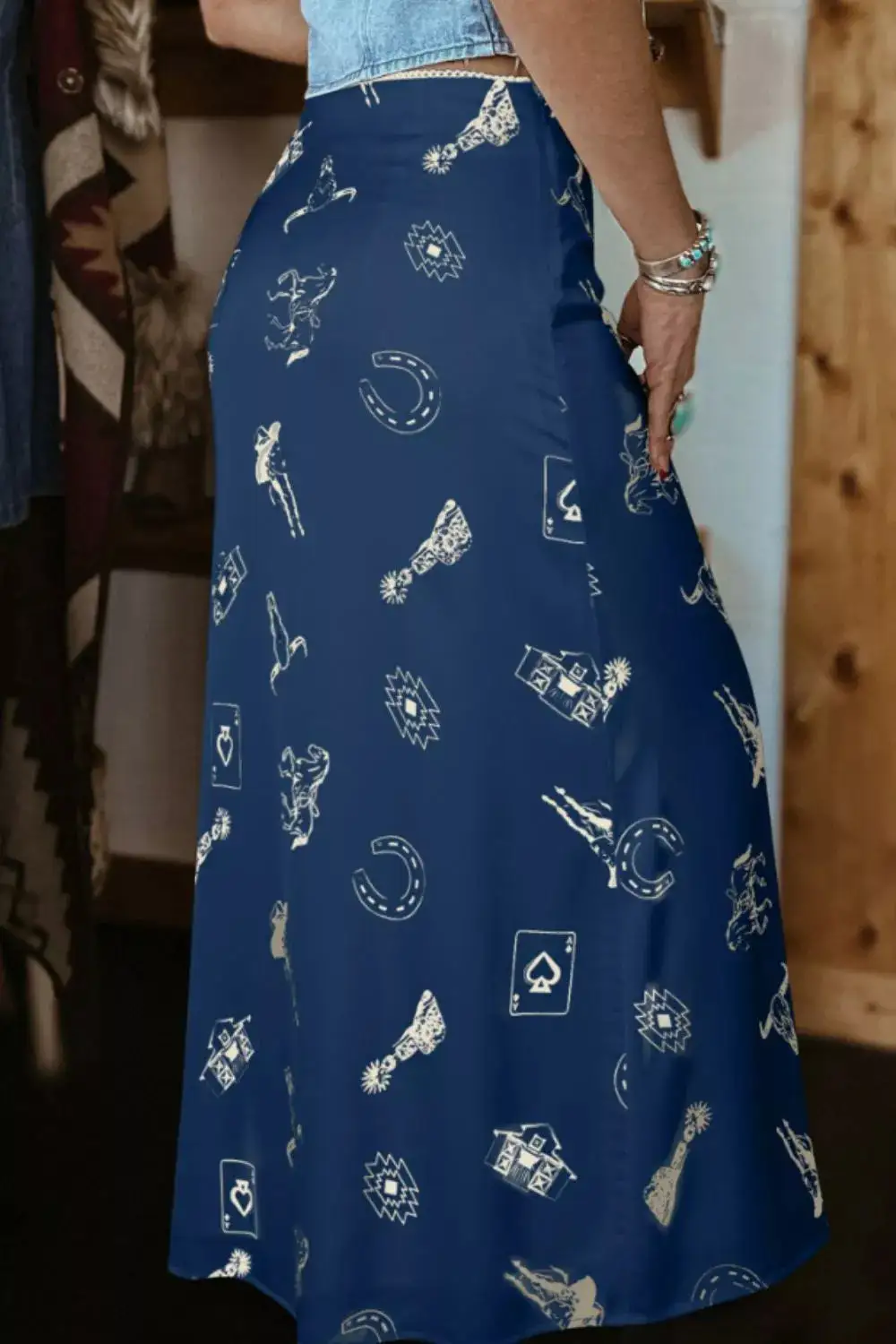 Western Print Satin Maxi Skirt