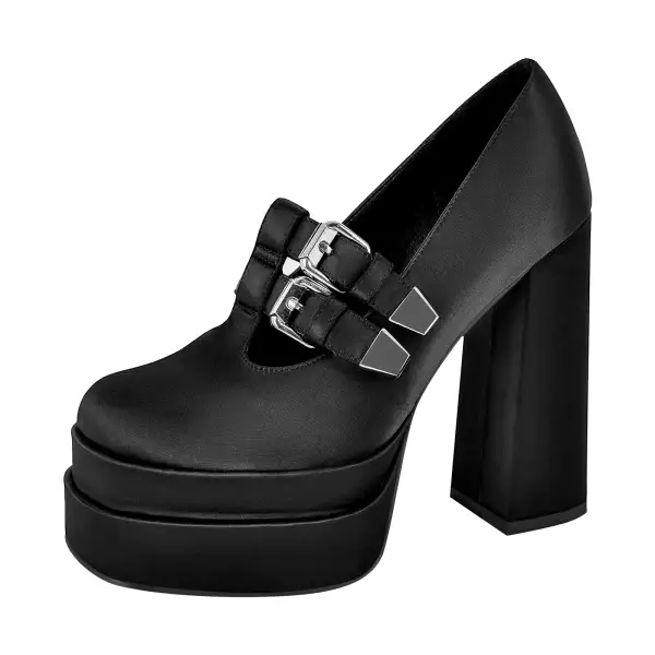 Square Toe Platform Chunky Heel Buckle Strap Pumps