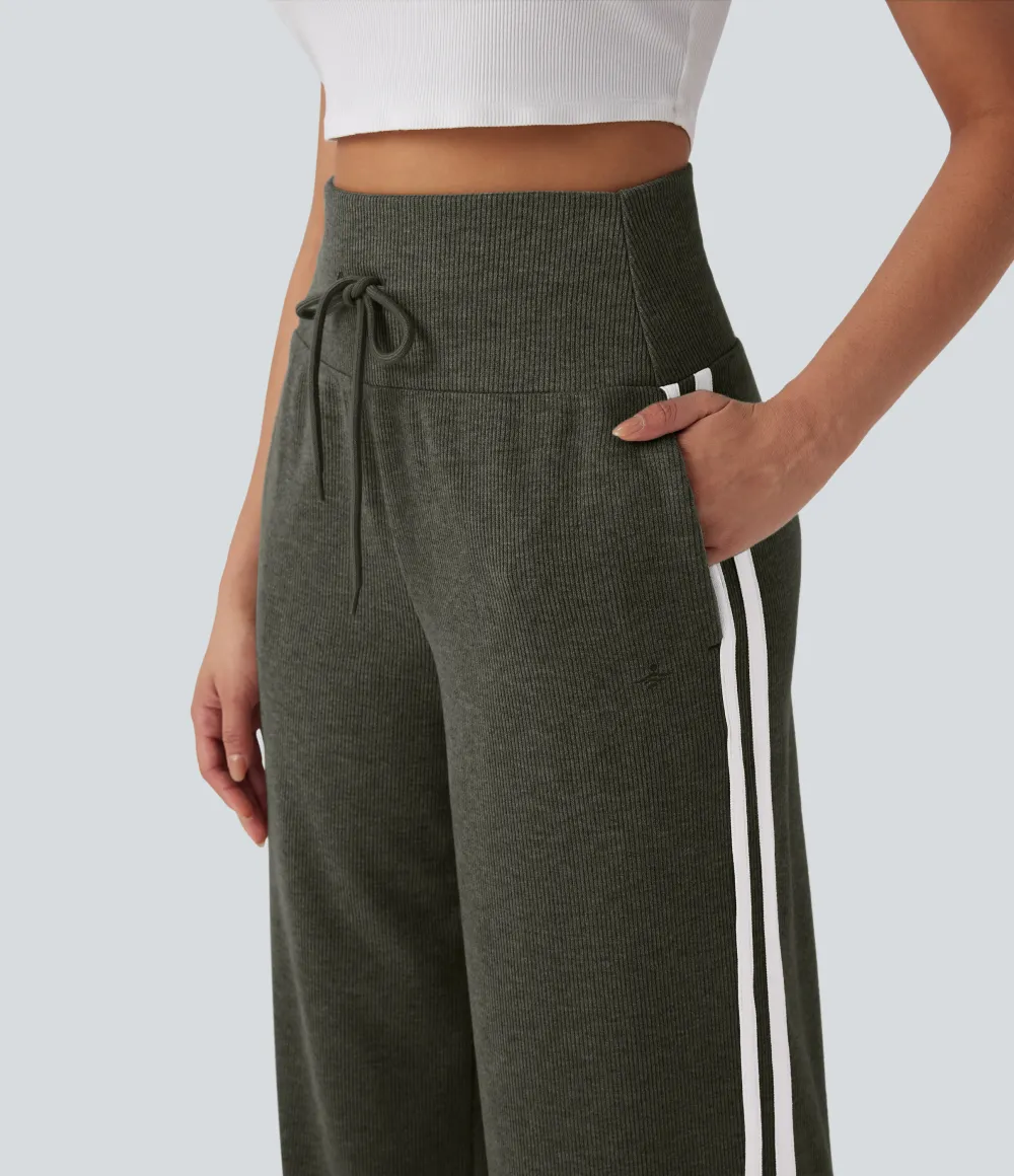 2026🔥  Ribbed SoCinched High Waisted Tummy Control Drawstring Wide Leg Color Block Casual Trousers with Pockets