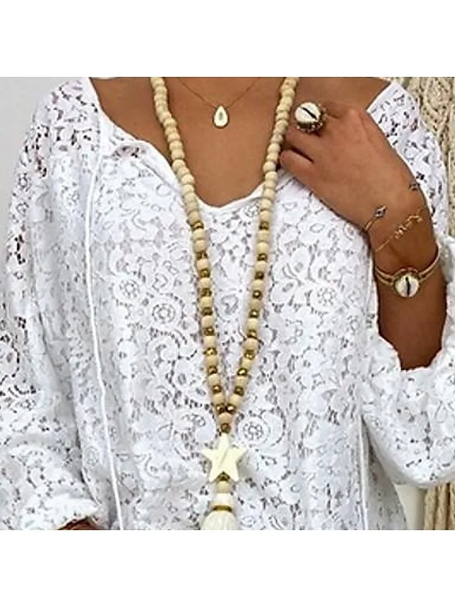 Women's Blouse White Floral Lace Long Sleeve Daily Vacation Streetwear Elegant Casual V Neck Plus Size L