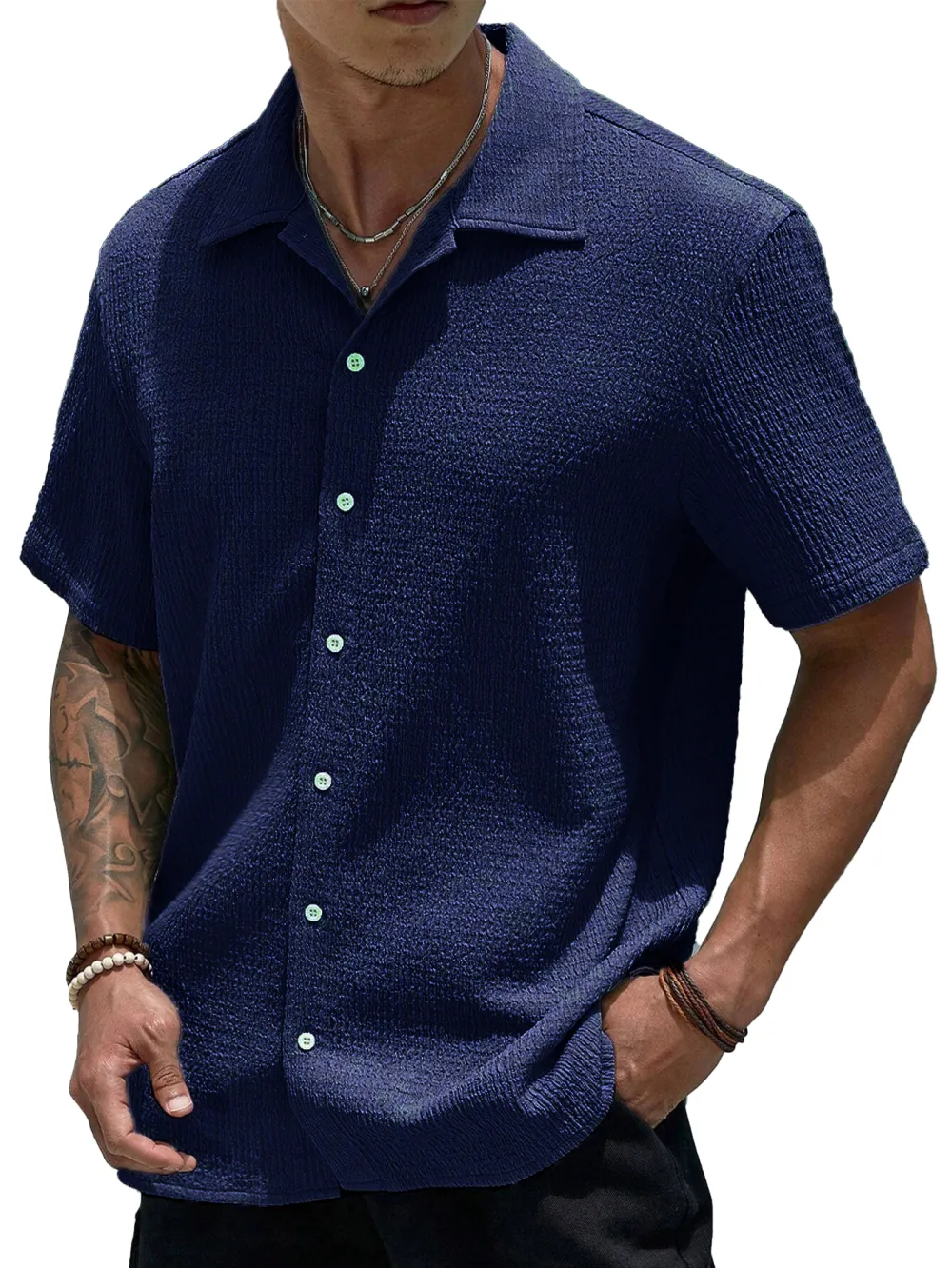 Short Sleeve Open Collar Pleated Front Shirt