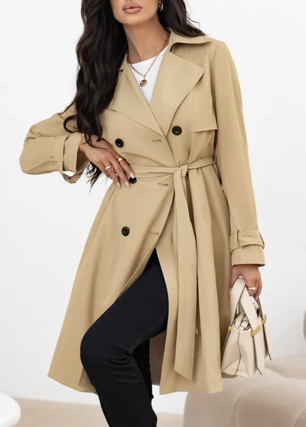 Women's Solid Lapel Collar Waist Tie Wind Coat