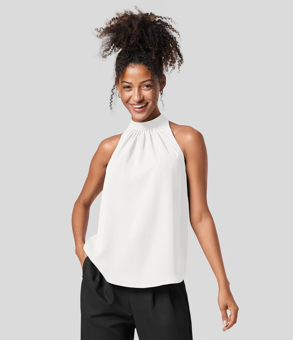 Keyhole Back Halter Plicated Sleeveless Curved Hem Work Blouse