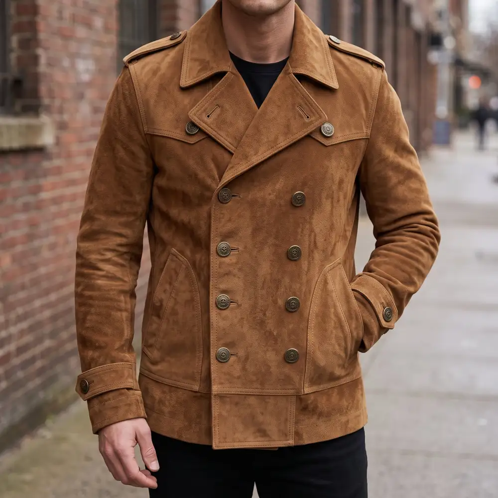 Suede Military Double Breasted Coat