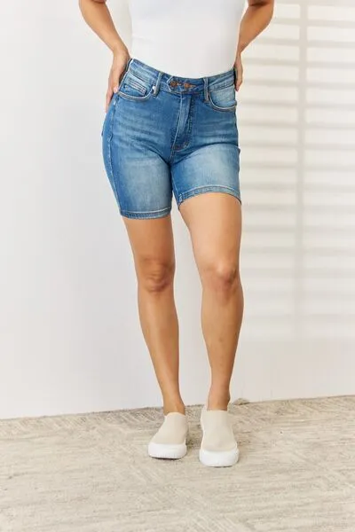 Full Size Tummy Control Double Button Denim Shorts
