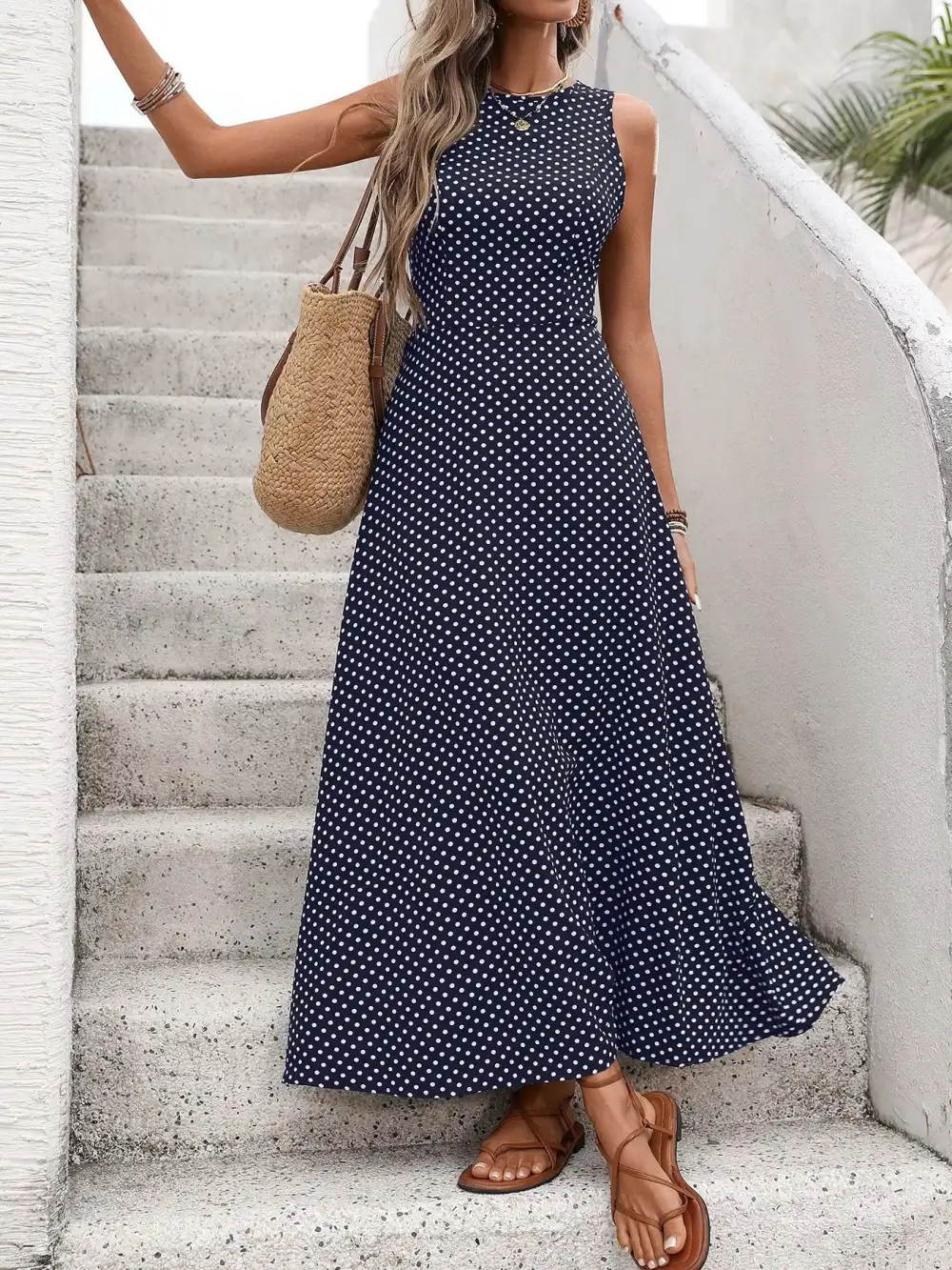 Polka Dot Sleeveless Maxi Dress