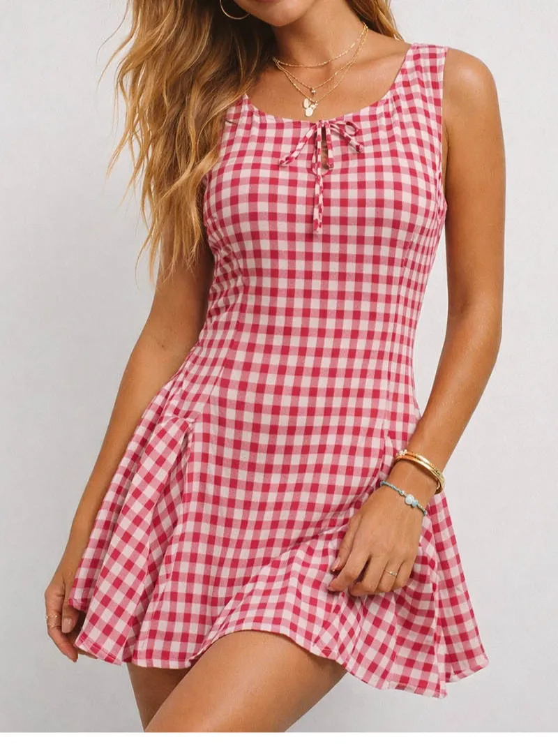 Checked Front Square Neck Sleeveless Mini Dress