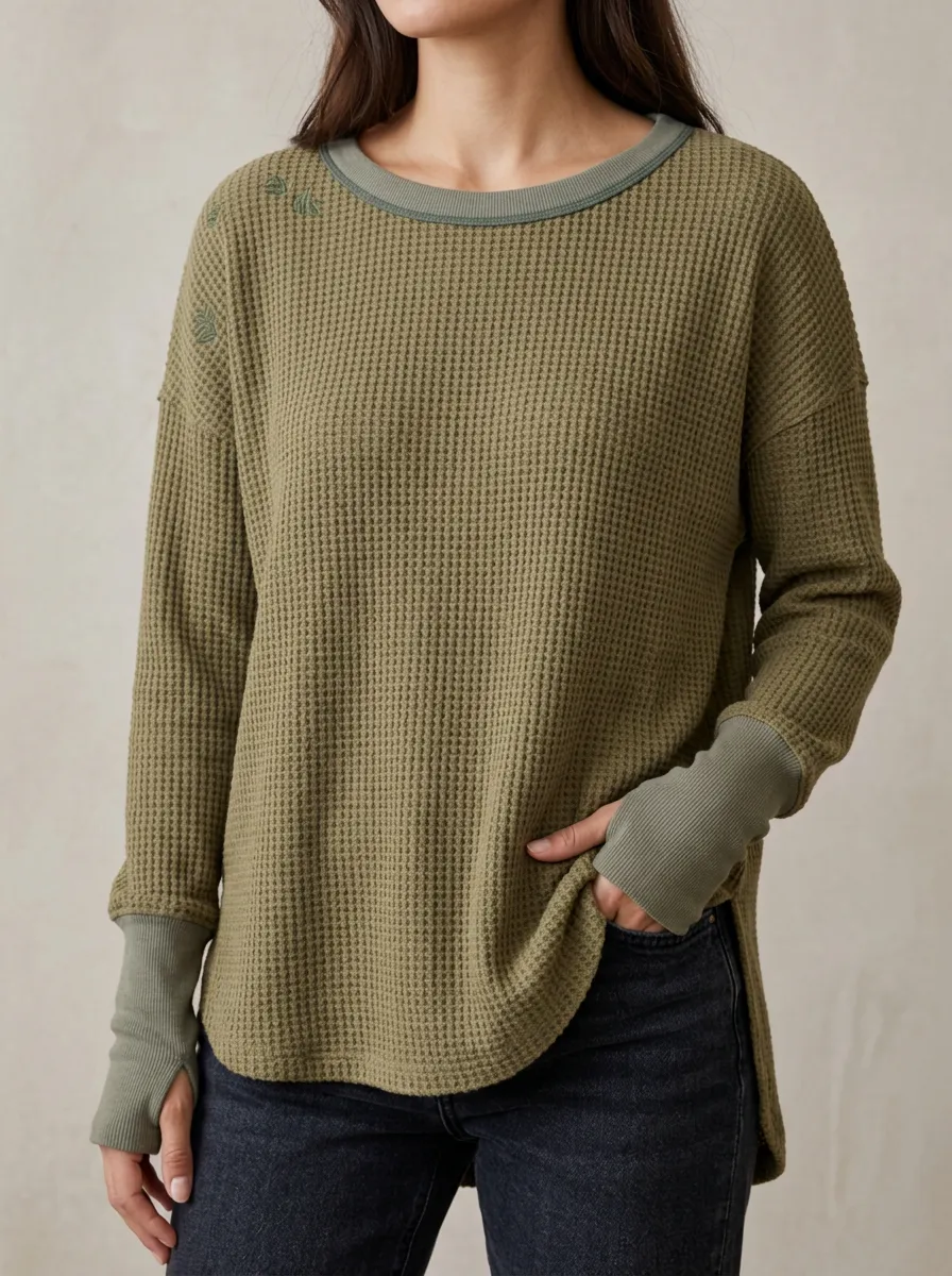 Easygoing Layered Waffle Knit Leaf Embroidered Long Sleeve Top